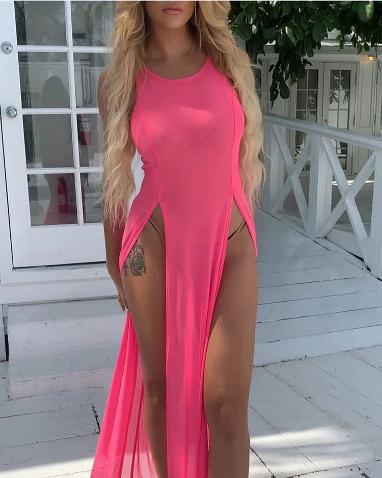 Copricostume Estivo da Donna, Abito da Spiaggia Sexy in Rete Trasparente, Vestito Lungo Senza Maniche con Spalline platinumshop
