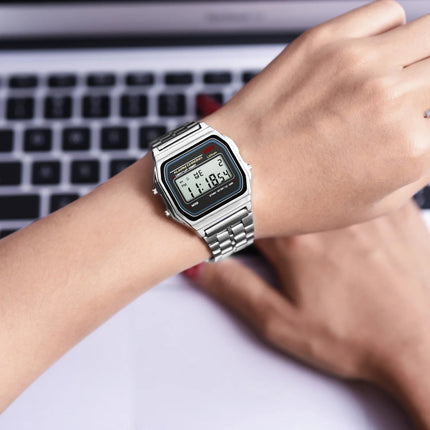 Orologio digitale multifunzione LED da donna retrò unisex F91W Orologio sportivo da polso elettronico da donna in acciaio inossidabile platinumshop