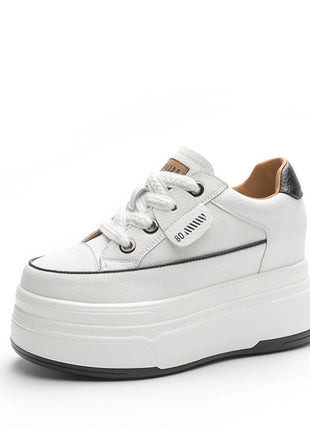 Fujin 9cm 3 inch comfortable platform sneakers for women Genuine Leather Women Vulcanized Shoes Platform High Heels Casual Shoes PlatiNum