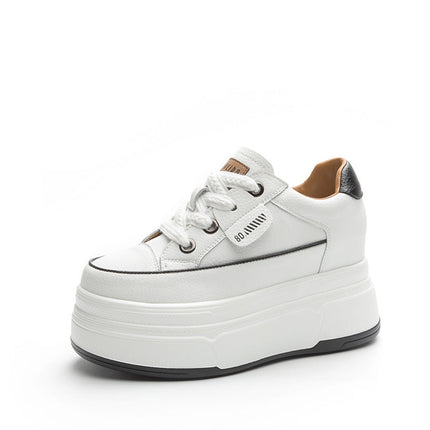 Fujin 9cm 3 inch comfortable platform sneakers for women Genuine Leather Women Vulcanized Shoes Platform High Heels Casual Shoes PlatiNum