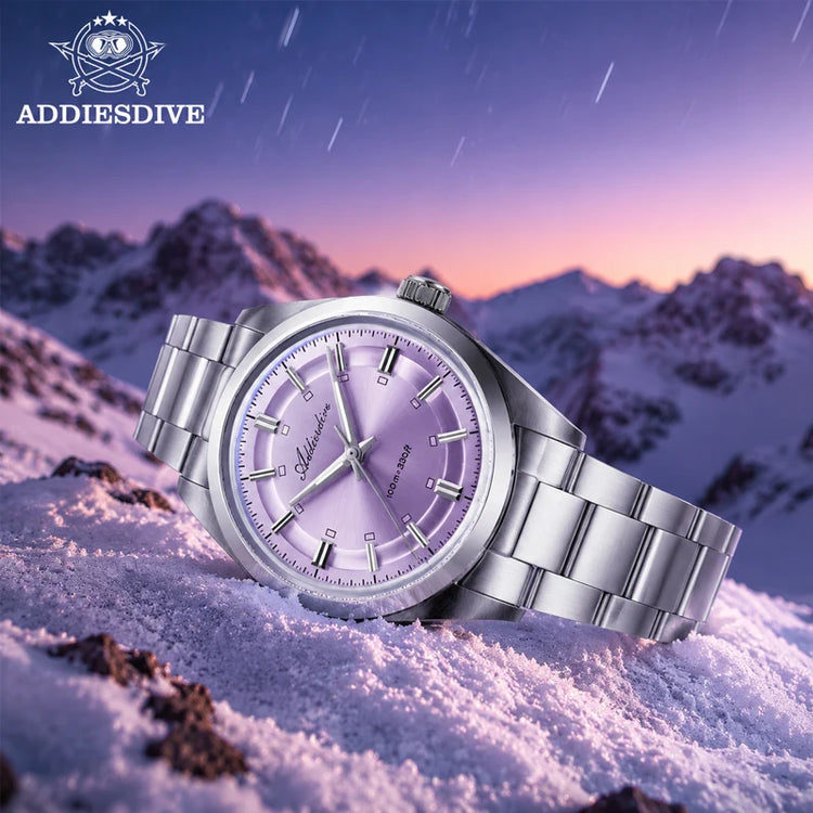 ADDIESDIVE New Men Watch Purple VH31 Quartz Wristwatch Diving 100m Waterproof BWG9 Luminous  316L Stainless Steel 36mm Watches