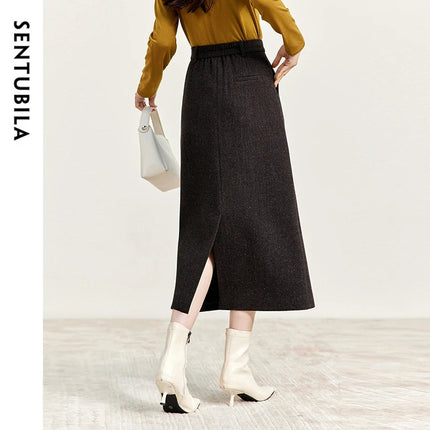 SENTUBILA Straight Wool Skirt Women 2025 Winter Vintage Elegant Tweed High-waist Slit-hem Temperament Long Skirts 144Q56942 PlatiNum