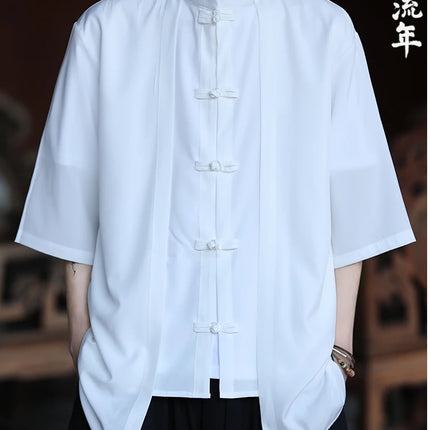 Camicia cinese da uomo in seta di ghiaccio stile cinese comoda camicia retrò traspirante da uomo casual estiva vestibilità ampia moda tinta unita