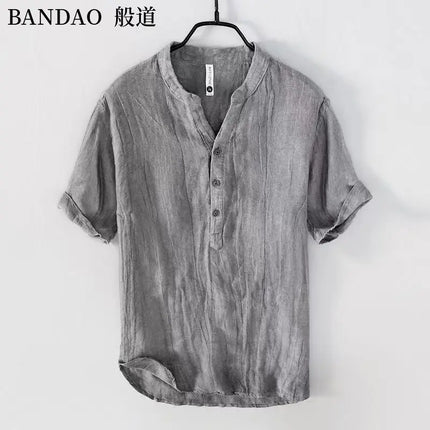 Men's High-End Loose Spring and Summer Chinese Style Short-Sleeved Cotton Linen Casual Breathable Shirt Collar T-shirt