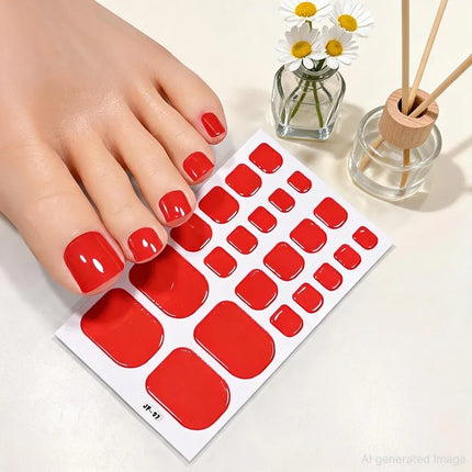 22Tips Red Christmas Baking Free Toenail Sticker Glossy Solid Color Self-adhesive Toe Nail Strips Festival Full Cover Foot Wraps2028