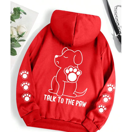 Talk To The Paw Funny Dog Cartoon Print Hoodie Women Warm Fleece Hoody Fashion Casual Hooded Autumn Loose Round Neck Woman Tops