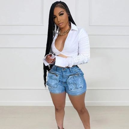 Cargo Jean Women Denim Shorts Solid Jean Spliced Pockets High Waist Distressed Washed Slim Casual Summer Zipper Fly 2026 PlatiNum