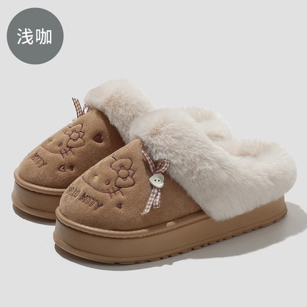 Women's Cute Cartoon Cat Plush Slippers Winter Warm Indoor Non-Slip Bow Embroidered Closed Toe Soft Fluffy House Shoes for Ladie