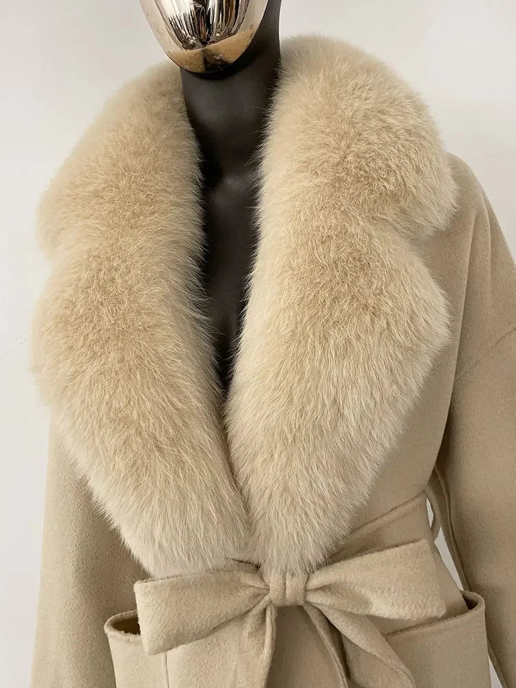 CXFS 2025 Winter Fashion Women Double-sided Wool Cashmere Coat with Detachable Natural Fox Fur Collar New design suit collar