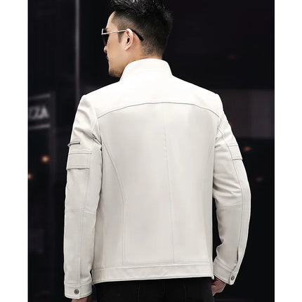 White Leather Jacket For Men 2023 Winter Male Business Simple Standing Collar Short Slim Coat Motorcycle Chaqueta Cuero Hombre