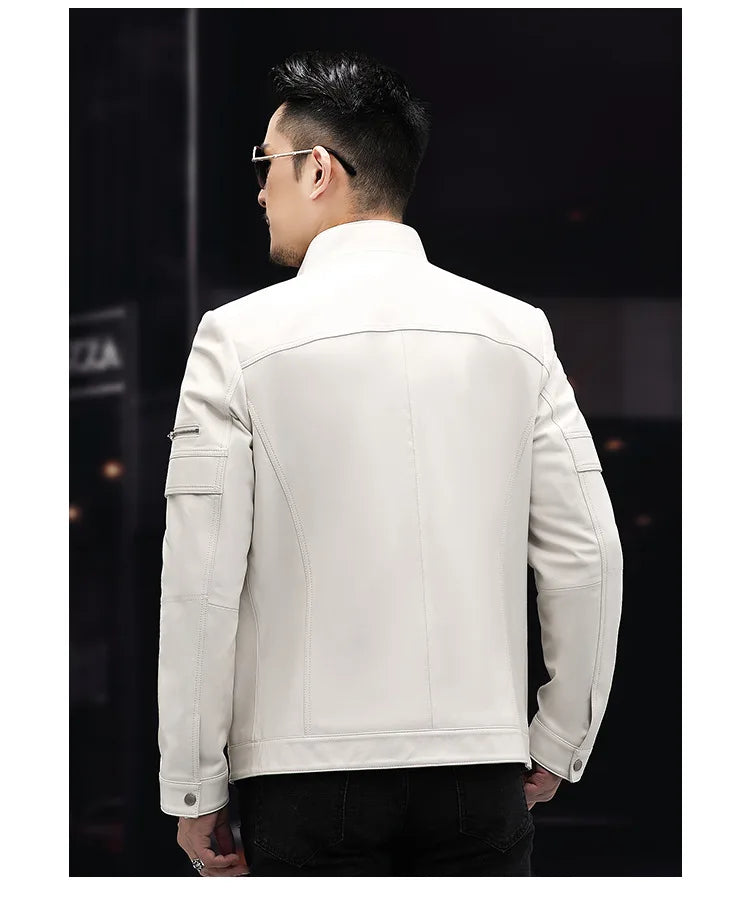 White Leather Jacket For Men 2023 Winter Male Business Simple Standing Collar Short Slim Coat Motorcycle Chaqueta Cuero Hombre