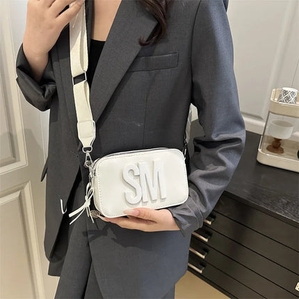 Chic SM Letter Camera Bags, Stylish Women’s Crossbody Small Square Purses with Wide Patterned Straps, Perfect for Daily Casual PlatiNum