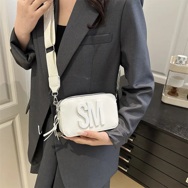 Chic SM Letter Camera Bags, Stylish Women’s Crossbody Small Square Purses with Wide Patterned Straps, Perfect for Daily Casual PlatiNum