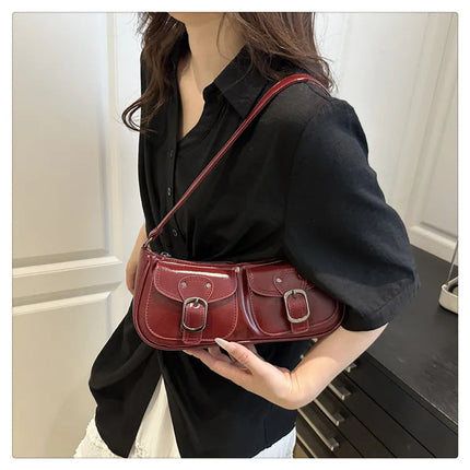 Fashion Pu Leather Women's Shoulder Bag Small Double Pocket Design Ladies Underarm Bags Y2k Vintage Female Handbags Clutch Purse PlatiNum