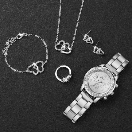 6 pezzi/set orologio da donna moda strass cinturino in acciaio inossidabile orologio al quarzo doppio cuore set di gioielli (senza scatola) platinumshop