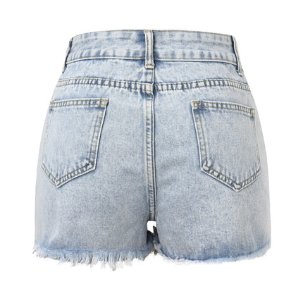 Pantaloncini jeans da donna Pantaloni jeans strappati moda estiva casual con fori colore lavato Pantaloncini di jeans moda a vita alta 2024