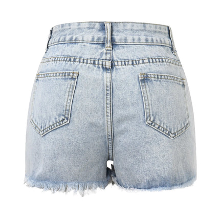 Pantaloncini jeans da donna Pantaloni jeans strappati moda estiva casual con fori colore lavato Pantaloncini di jeans moda a vita alta 2024 - platinumshop