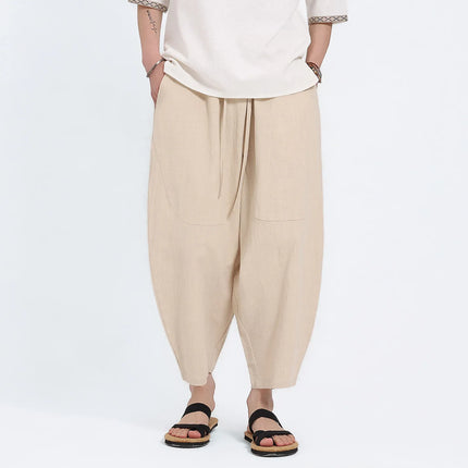 Pantaloni Harem in Cotone e Lino da Uomo, Casual, Traspiranti, Comodi, Estivi, Lunghezza al Polpaccio, Taglie Forti fino a 5XL