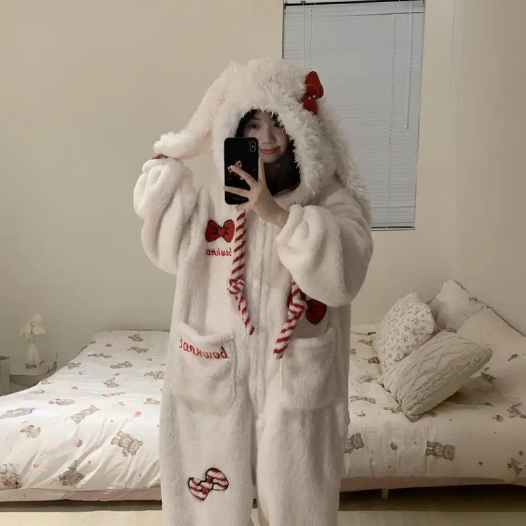 Thick Winter Pajamas Cute Coral Fleece Hooded Pajamas Y2K Kawaii Rabbit Anime Women's Pajamas Cartoon Warm Home Clothesnew Model