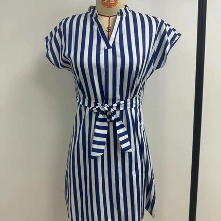 Summer New Striped Print Dress for Women 2024 Fashion V-Neck Sleeveless Lace-Up Short Skirt Elegant Office Lady Slim Dresses