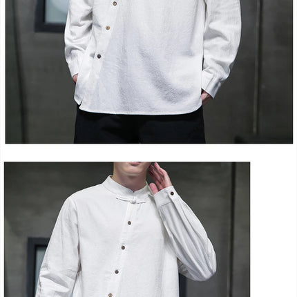 Camicie di lino in cotone Stile cinese Abito tradizionale retrò Tang Top da uomo Kung Fu Tai Chi Camicie casual a maniche lunghe in tinta unita da uomo
