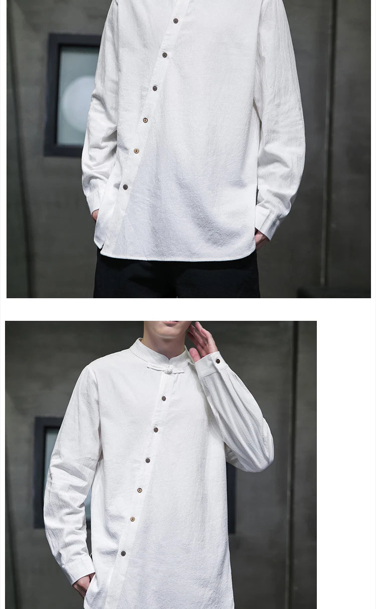 Camicie di lino in cotone Stile cinese Abito tradizionale retrò Tang Top da uomo Kung Fu Tai Chi Camicie casual a maniche lunghe in tinta unita da uomo