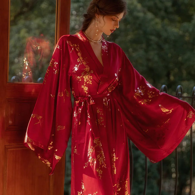 Luxury borgogna Kimono Robe Women Wedding Bride accappatoio Sexy Bronzing Flower Morning vestaglia elegante Sleepwear camicia da notte
