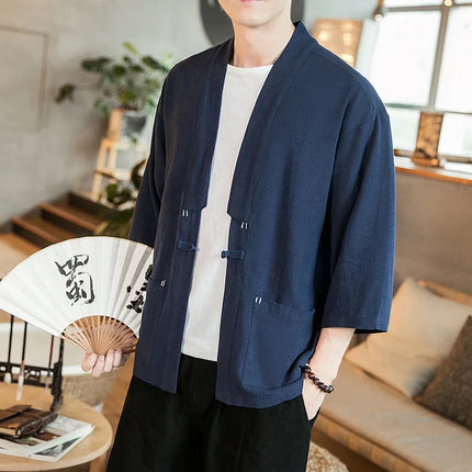 Kimono Camicia da uomo Samurai giapponese Cardigan tinta unita retrò Stile cinese Cotone Lino Yukata Haori Cappotto da uomo allentato Streetwear