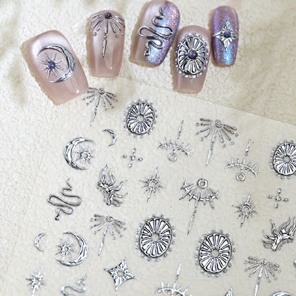 Gold Silver Snake Stars Nail Stickers for Nail Decoation Decals 5D Self-Adhesive Bronzing Stars Moon Totem DIY Supplies Slider
