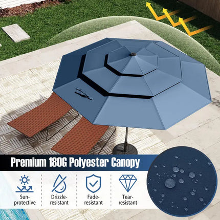 Ombrellone da patio solare da 10 piedi con 32 luci a LED, parte superiore ventilata a 3 livelli, colore blu navy