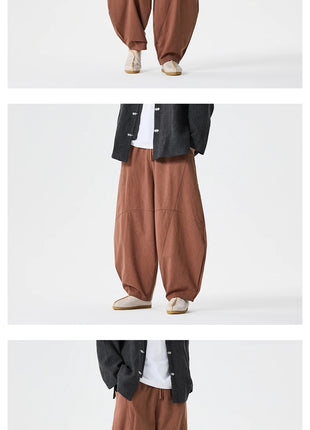 Pantaloni autunnali da uomo stile giapponese comodi pantaloni di lino in cotone maschio casual allentato retrò Harajuku pantaloni a gamba larga da uomo