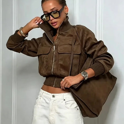 Ladies Short Vintage Faux Suede Autumn Winter Jacket Women Coat Stand-Collar Zip-up Field Trendy Streetwear Chic Jacket Female