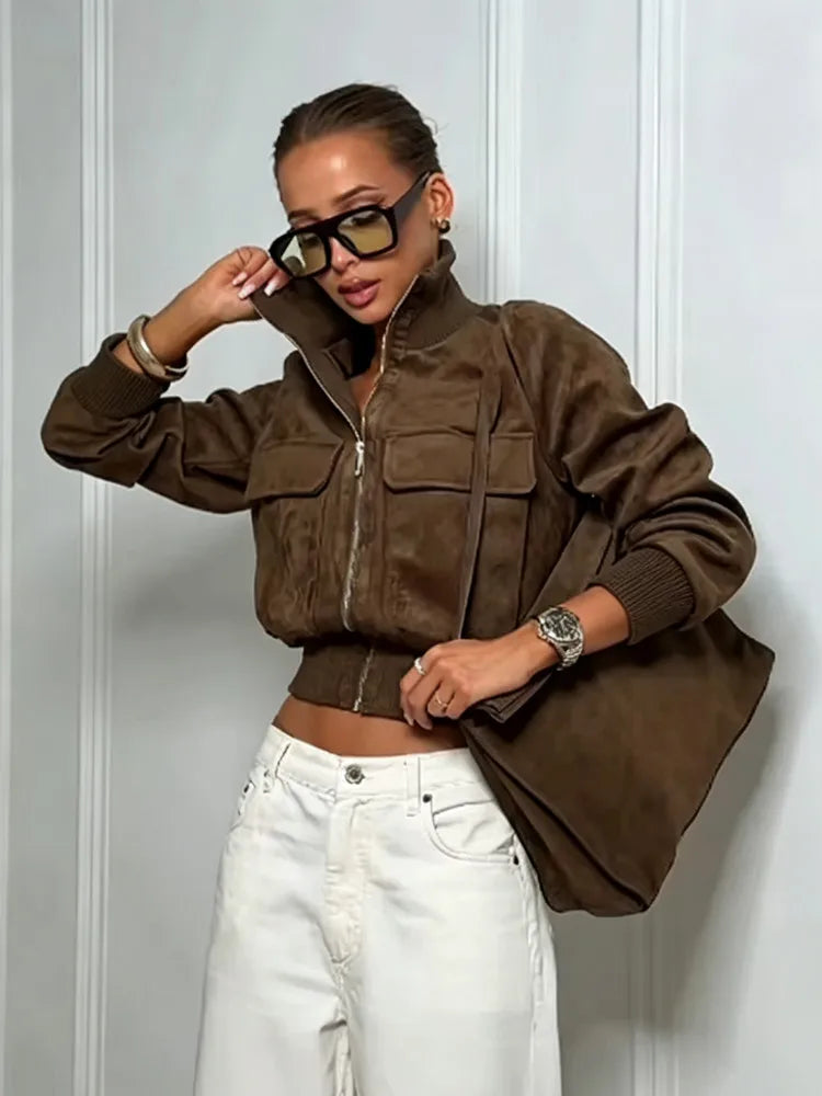 Ladies Short Vintage Faux Suede Autumn Winter Jacket Women Coat Stand-Collar Zip-up Field Trendy Streetwear Chic Jacket Female