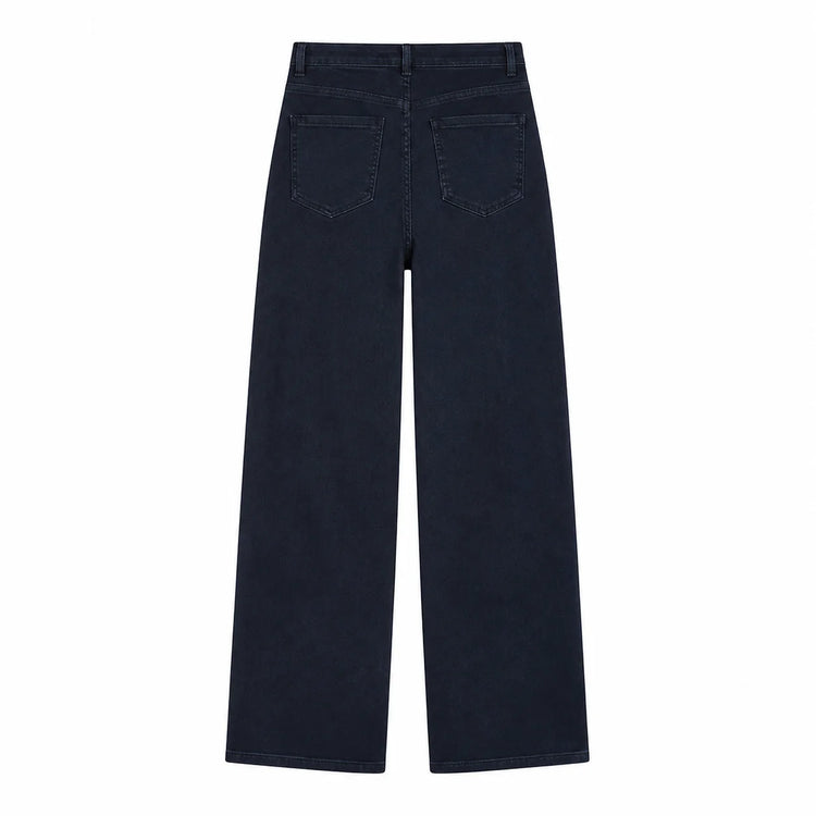 Women’s high-waisted, wide-leg jeans in dark blue raw denim; elegant, casual-style wide-leg trousers with a relaxed fit, perfect for the casual office and versatile everyday looks FX-1338-7