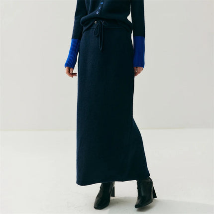 Women Pure Cashmere Long Skirts Autumn Winter Straight Ankle Length Thick Skirts 100% Cashmere Knit Drawstring and Split Skirts PlatiNum