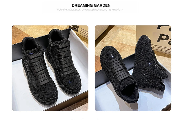 Designer Platform Sneakers Full Diamond Luxury Shoes Versatile Flat Bottom High-top Casual Skateboard Shoes Zapatos De Mujer