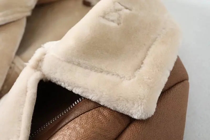 2024 winter women's clothing fashion locomotive version lapel fur integrated thickened thermal coat leather jacket