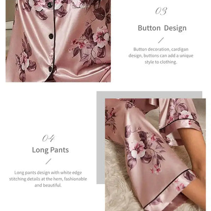 Pigiama da donna elegante pigiameria in raso Pj Set stampa floreale bottoni manica corta risvolto top e pantaloni lunghi indumenti da notte vestiti per la casa platinumshop