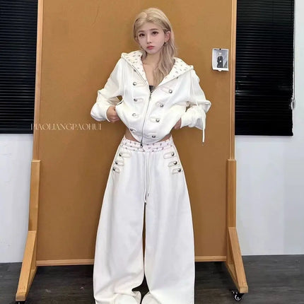 Coquette Zip Up Hoodie Women Decorative Double Row Metal Buttons Floral Print Lined Loose Fit Y2K Casual Streetwear Sweatshirt