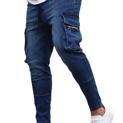 Street Elastic Jeans Men Denim Cargo Pants Wash Solid Color Multi Pockets Casual Mid Waist Trousers Slim Fit Daily Wear Joggers PlatiNum