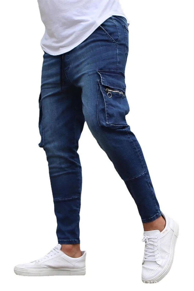 Street Elastic Jeans Men Denim Cargo Pants Wash Solid Color Multi Pockets Casual Mid Waist Trousers Slim Fit Daily Wear Joggers PlatiNum