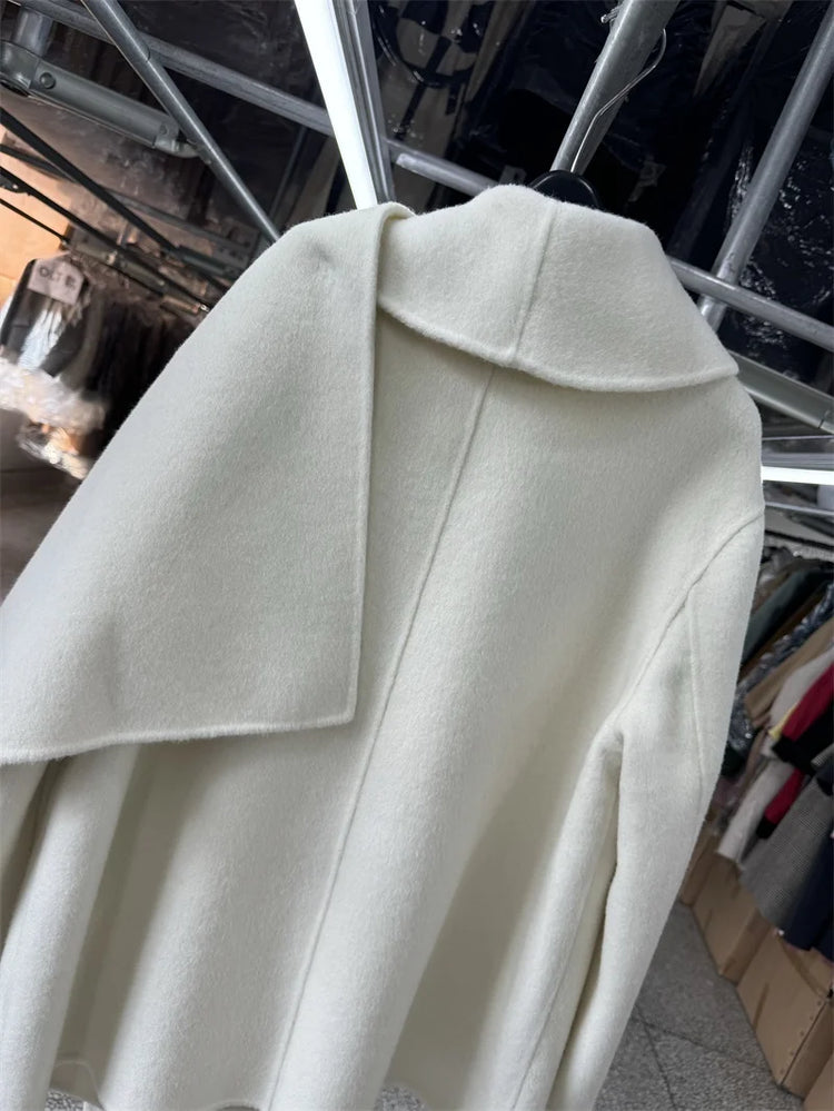 Scarf Collar 100%Wool Coat Women, Korean Fashion Elegant Outerwear, Loose Autumn Winter Jacket