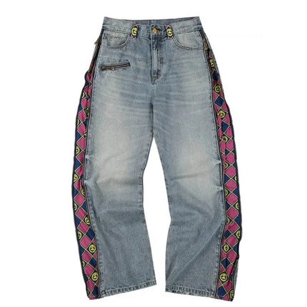 Jeans JoJo Anime con Pannelli Staccabili, Vita Alta, Gamba Larga, Stampa Denim, Viola e Oro, Patchwork, Taglio Dritto, per Uomo e Donna