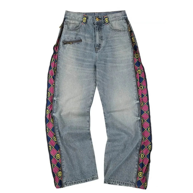 Jeans JoJo Anime con Pannelli Staccabili, Vita Alta, Gamba Larga, Stampa Denim, Viola e Oro, Patchwork, Taglio Dritto, per Uomo e Donna