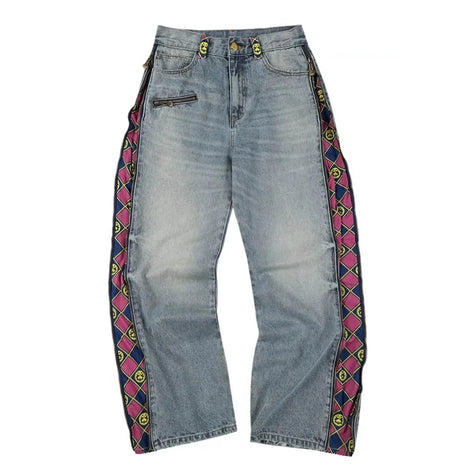 Jeans JoJo Anime con Pannelli Staccabili, Vita Alta, Gamba Larga, Stampa Denim, Viola e Oro, Patchwork, Taglio Dritto, per Uomo e Donna