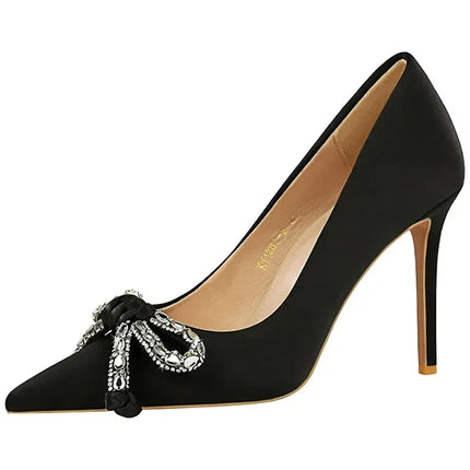 BIGTREE Street Style Lusso Fiocco con strass con punta a punta Tacco sottile Bicchiere da vino in seta Tacchi alti Décolleté da donna