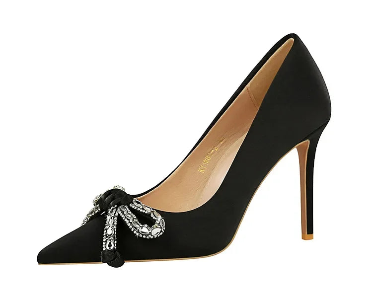 BIGTREE Street Style Lusso Fiocco con strass con punta a punta Tacco sottile Bicchiere da vino in seta Tacchi alti Décolleté da donna