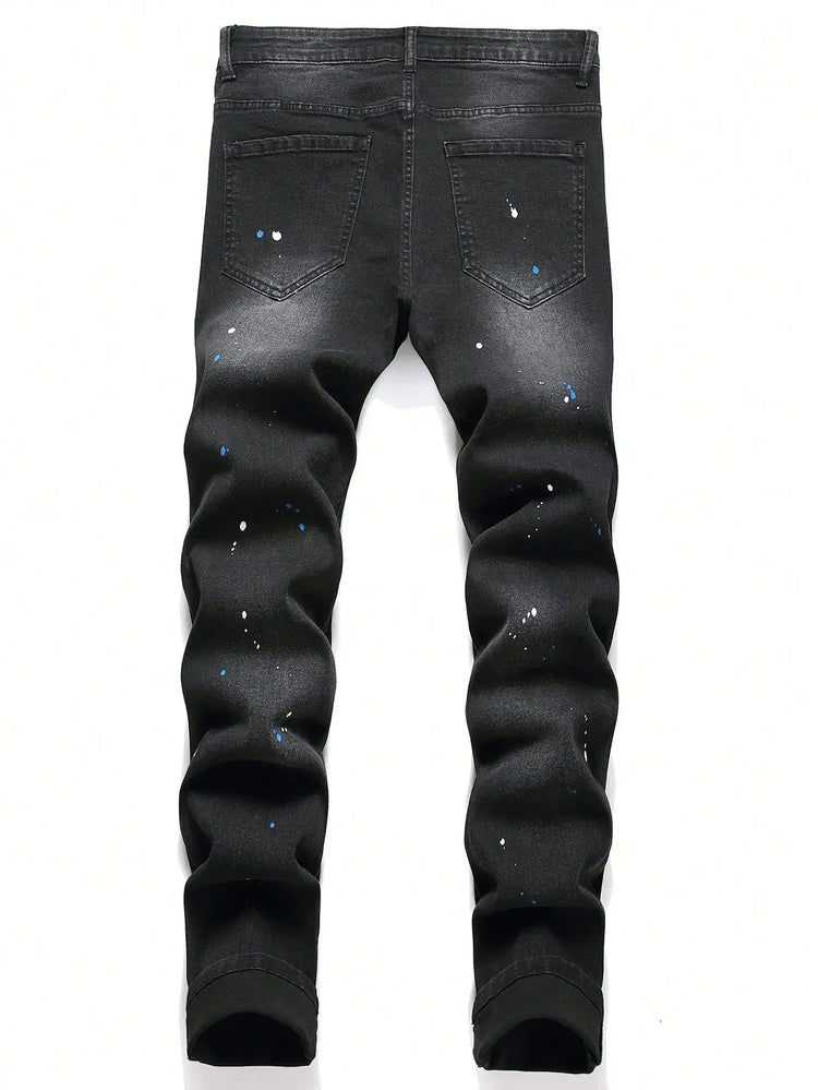 Men y2k Stretchy Skinny Denim Jeans For Men Casual pants Ripped Patchwork Hole Slim Fit Denim Hip Hop Black Straight Trousers PlatiNum