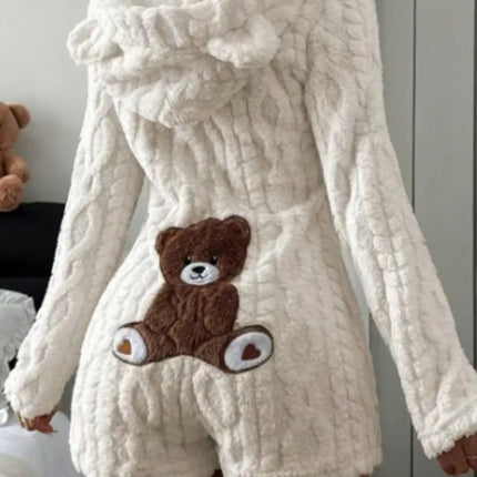 Autumn Winter Plush Hoody Women's Jumpsuit Shorts 2026 New Fashion Embroidered Animal Bear Female Casual Home Wear Plush Rompers