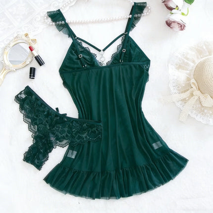 Set di 2 Pezzi Camicia da Notte Verde Scuro per Donna, Lingerie Sexy in Rete Trasparente con Slip, Pizzo e Spalline Sottili